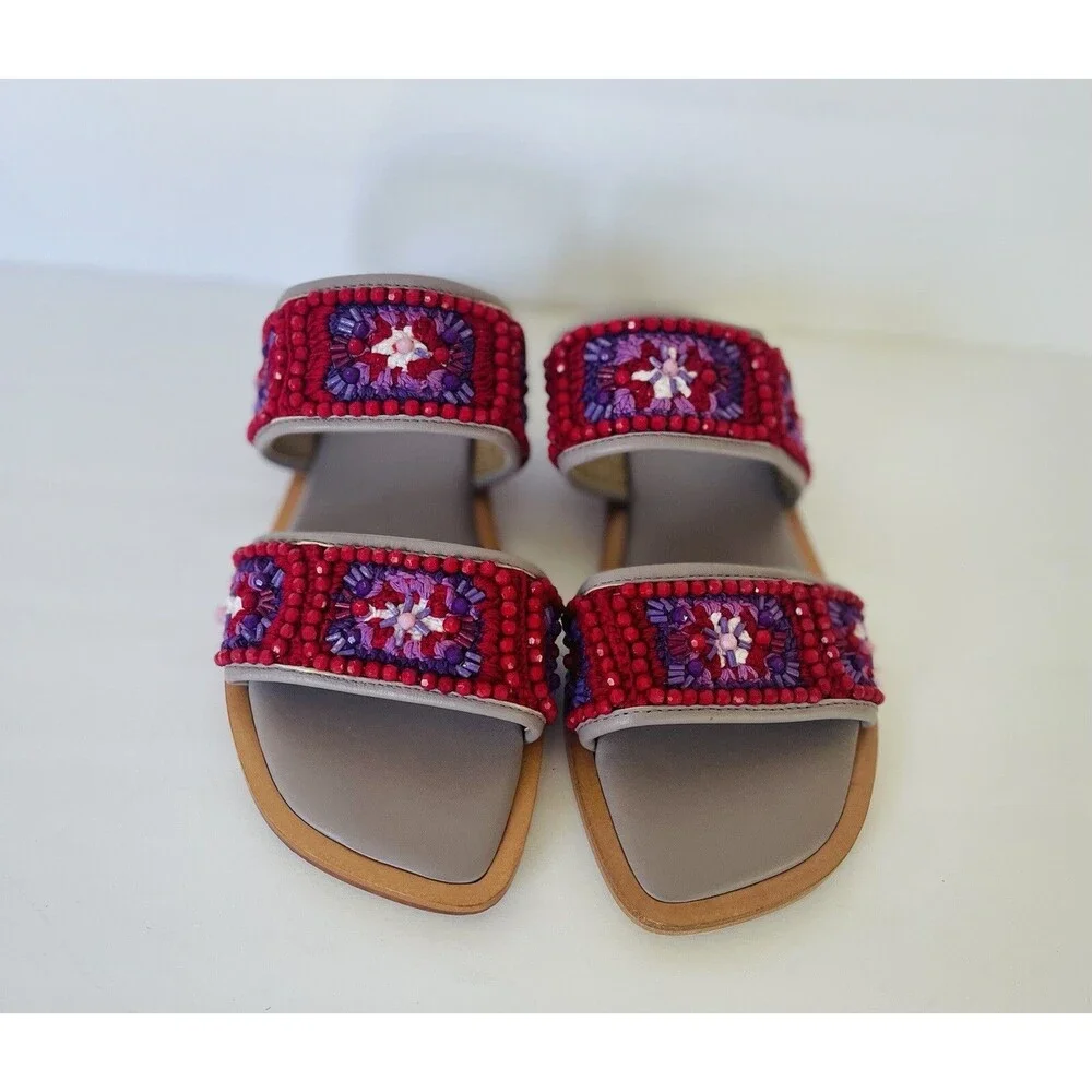 Anthropologie Coral Blue Purple Red Granny Square Flats Embroidery Bead Sandal 9